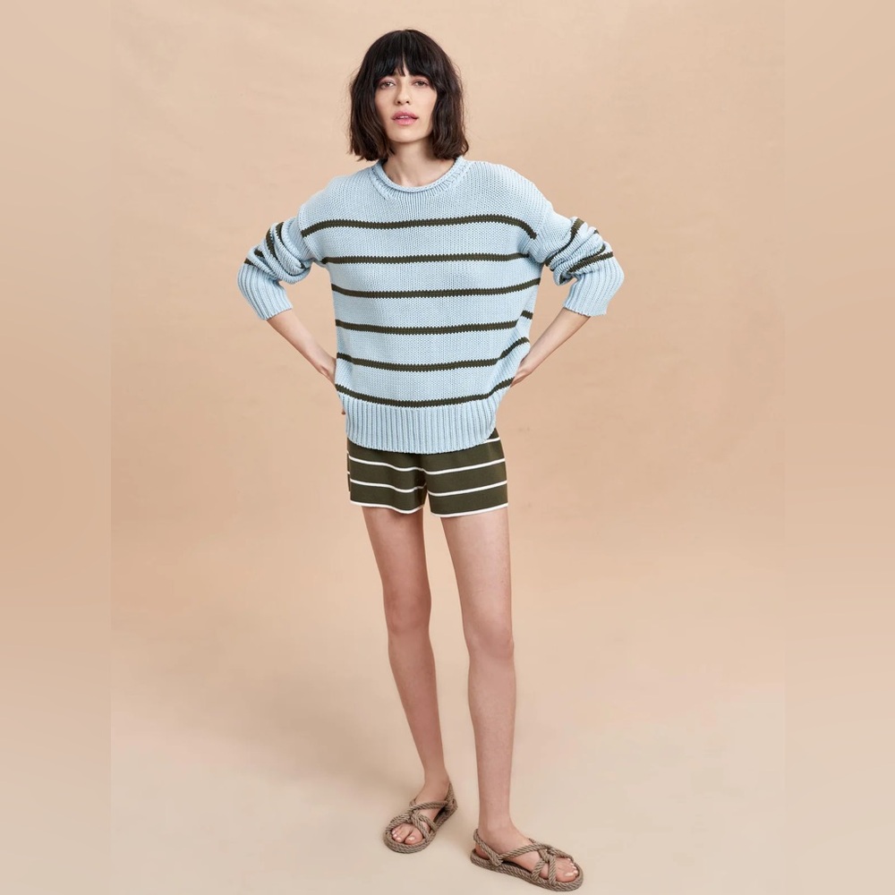 La Ligne NWT Marina Cotton Sweater Light Blue and Olive Stripes Small